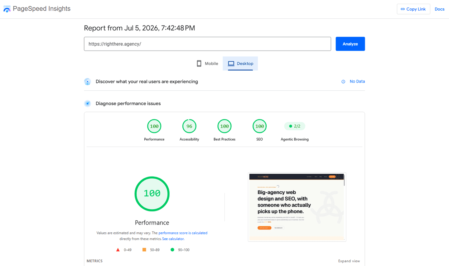 The RightHere homepage in Google PageSpeed Insights, scoring 100 for Performance, 100 for Best Practices and 100 for SEO